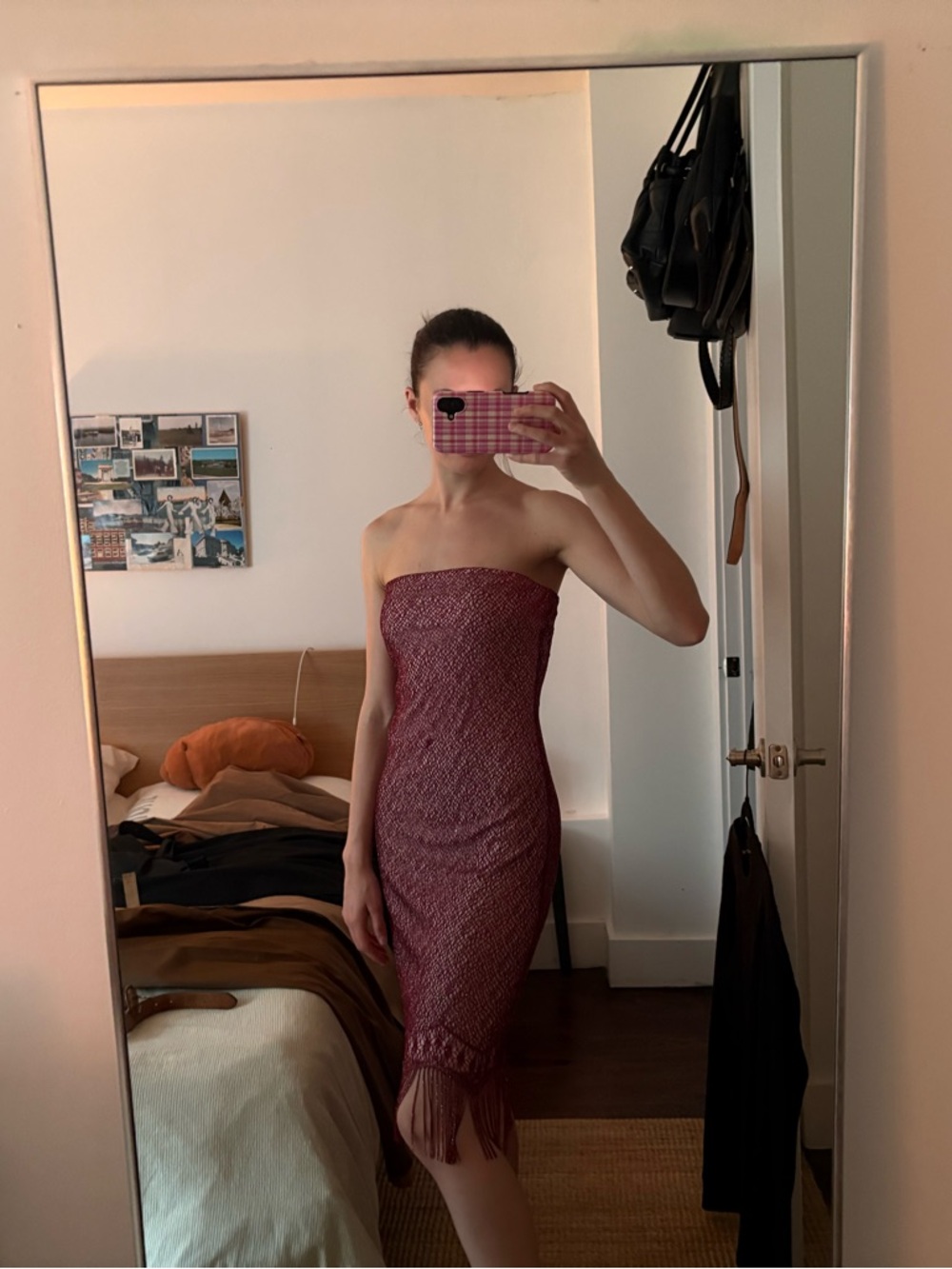 Vintage Charlotte Russe Strapless Wine Red Fringe Midi Dress